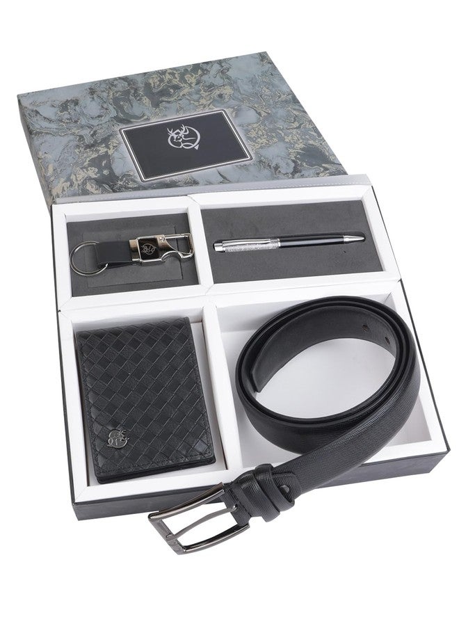 ZEVORA Men Leather Gift Hamper I Belt, Wallet,Keychain & Pen Combo Gift Set(Pack Of 4), Black - Image 1